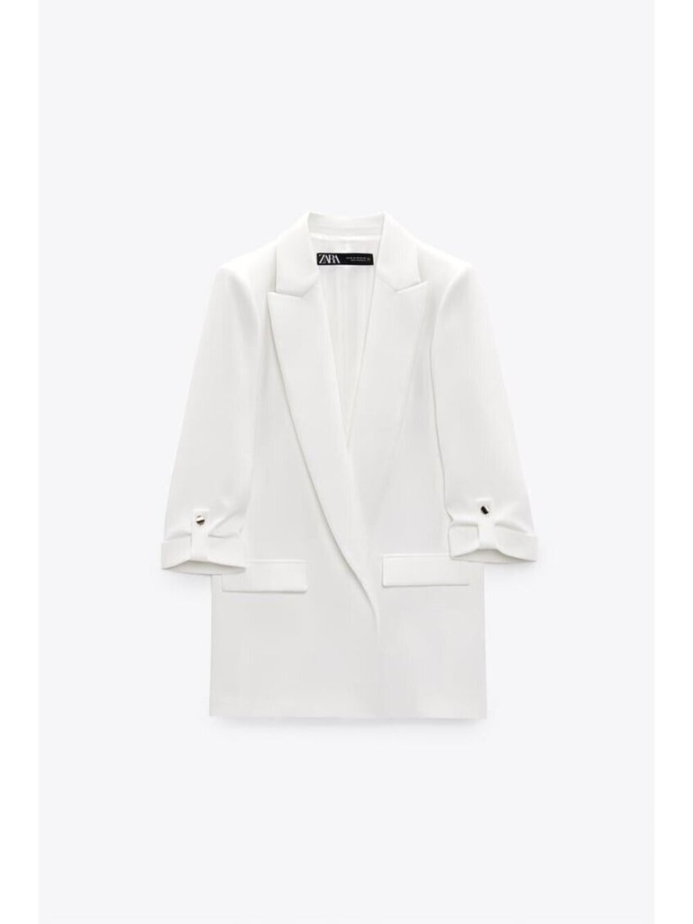 ZARA Womens Blazer White Jacket Gold Button Accent 3/4 Rolled Up Sleeves Size XS